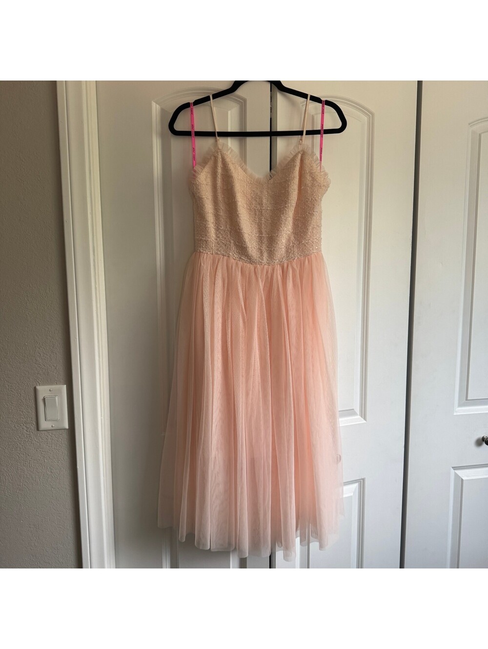 Betsey Johnson Tulle Midi Dress 4 Pink Tweed Bodice Balletcore Cocktail Party